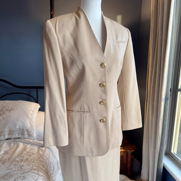 Vintage 90s Beige Skirt Suit w Gold Buttons - Picture 2 of 16